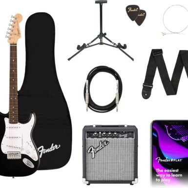 Fender Squier Debut Series Stratocaster Electric Guitar Kit, Beginner Guitar Kit, with 2-Year Warranty, with Padded Gig Bag, Frontman 10G Amp, Strap, and More, Includes Free Lessons, Black