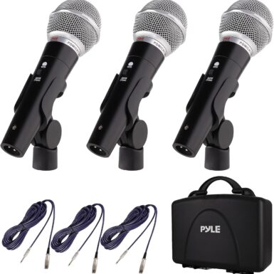 Pyle 3 Piece Professional Dynamic Microphone Kit Cardioid Unidirectional Vocal Handheld MIC with Hard Carry Case & Bag, Holder/Clip & 26ft XLR Audio Cable to 1/4'' Audio Connection (PDMICKT34),Black