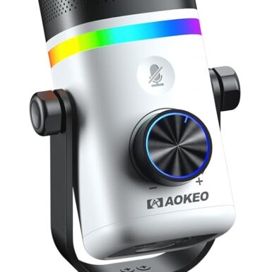 Aokeo Microphone for PC, AK-10 USB/XLR Dynamic Desktop Microphone for Gaming,Podcast,Streaming with RGB Light,Volume Control,Mute Button,Noise Reduction(White)